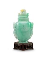 JADEITE ARCHAISTIC BALUSTER 'MYTHICAL LION' SNUFF BOTTLE