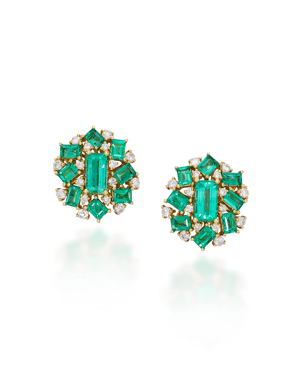 PAIR OF EMERALD AND DIAMOND CLUSTER EARRINGS