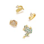 GEM-SET AND DIAMOND 'FROG' RING AND BROOCH, AND TWO DIAMOND RINGS (4)