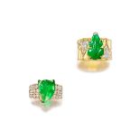 TWO JADEITE AND DIAMOND 'FROG' AND 'TOAD' RINGS (2)