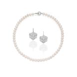 CULTURED PEARL AND DIAMOND NECKLACE, AND PAIR OF DIAMOND 'ROSE' EARRINGS (2)