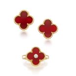 VAN CLEEF & ARPELS: RED CORNELIAN 'VINTAGE ALHAMBRA' RING AND EARCLIP SUITE