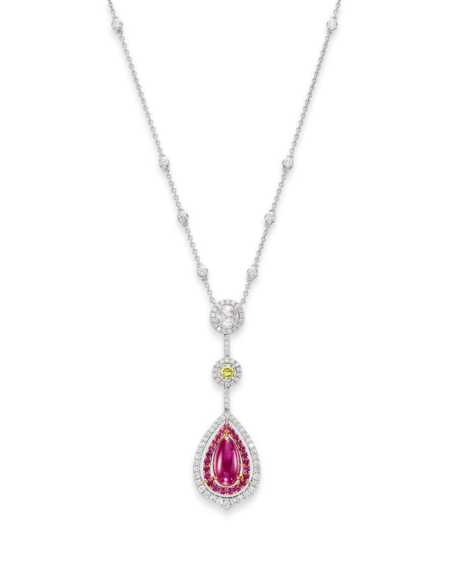 RUBY, COLOURED DIAMOND AND DIAMOND PENDANT NECKLACE