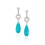 PAIR OF TURQUOISE AND DIAMOND PENDENT EARRINGS
