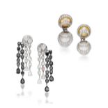 PAIR OF CULTURED PEARL AND DIAMOND EARCLIPS, AND PAIR OF BLACK DIAMOND AND DIAMOND PENDENT EARRI...