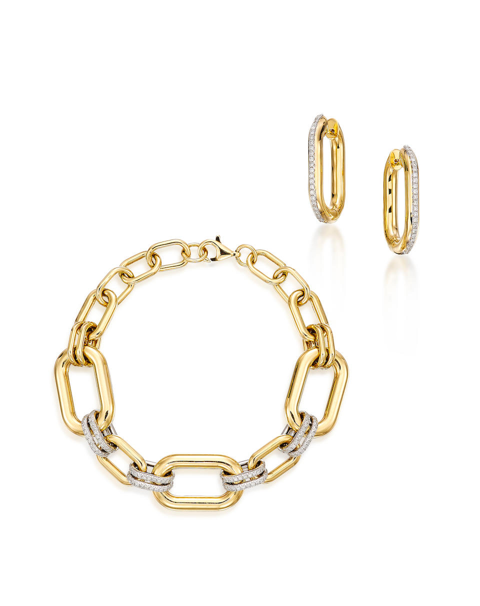 GOLD AND DIAMOND LINK BRACELET AND EARRING SET (2)