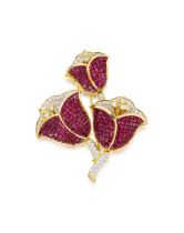 RUBY AND DIAMOND 'LILY OF THE VALLEY' BROOCH