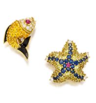 JEAN VITAU: PAIR OF GEM-SET AND DIAMOND 'STARFISH AND FISH' EARCLIPS