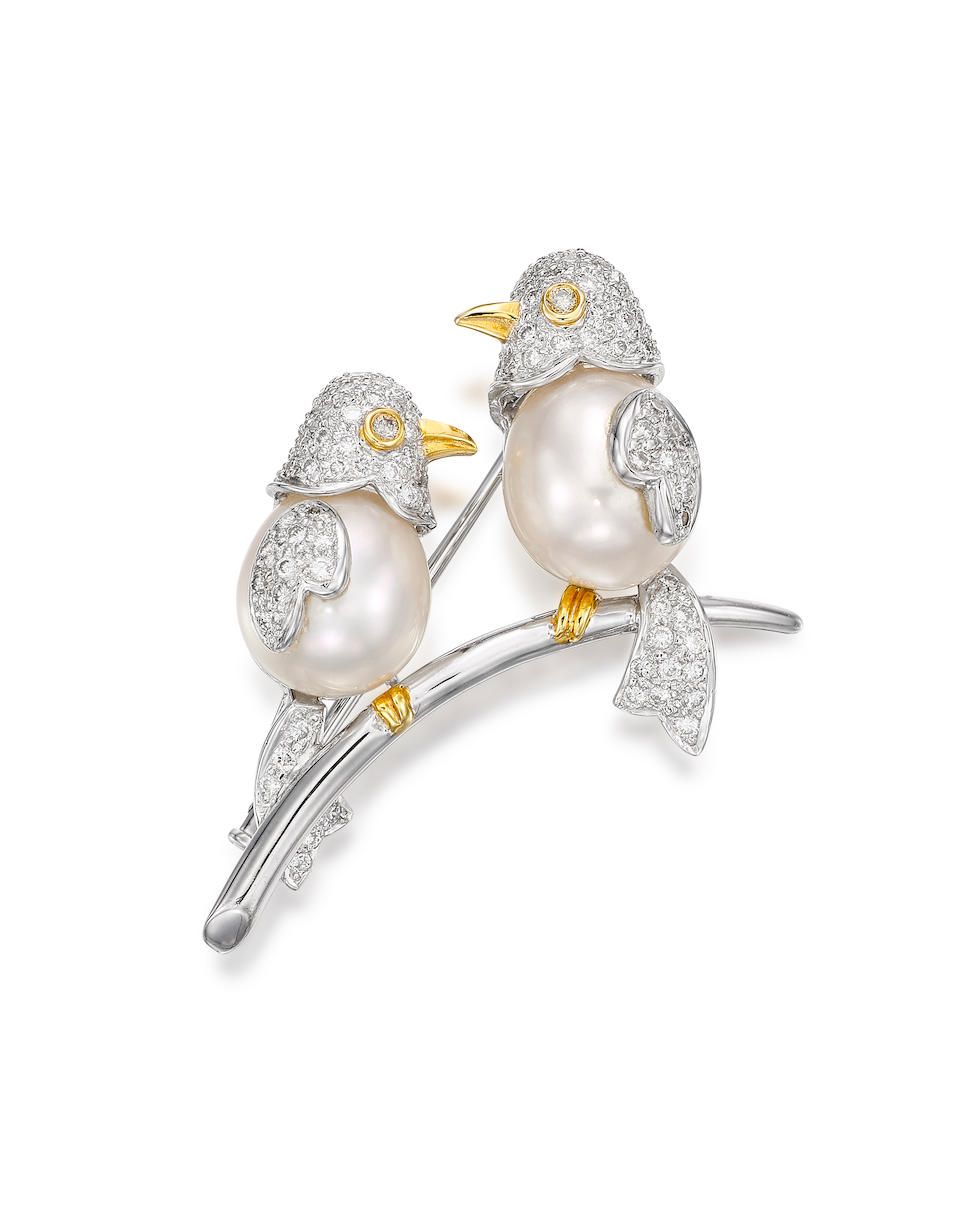 CULTURED PEARL, COLOURED DIAMOND AND DIAMOND 'TWIN BIRDS' BROOCH