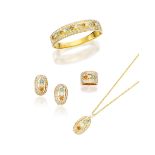 DIAMOND AND COLOURED DIAMOND BANGLE, PENDANT NECKLACE, RING AND EARRING SUITE (4)