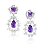 PAIR OF COLOURED SAPPHIRE AND DIAMOND PENDENT EARRINGS