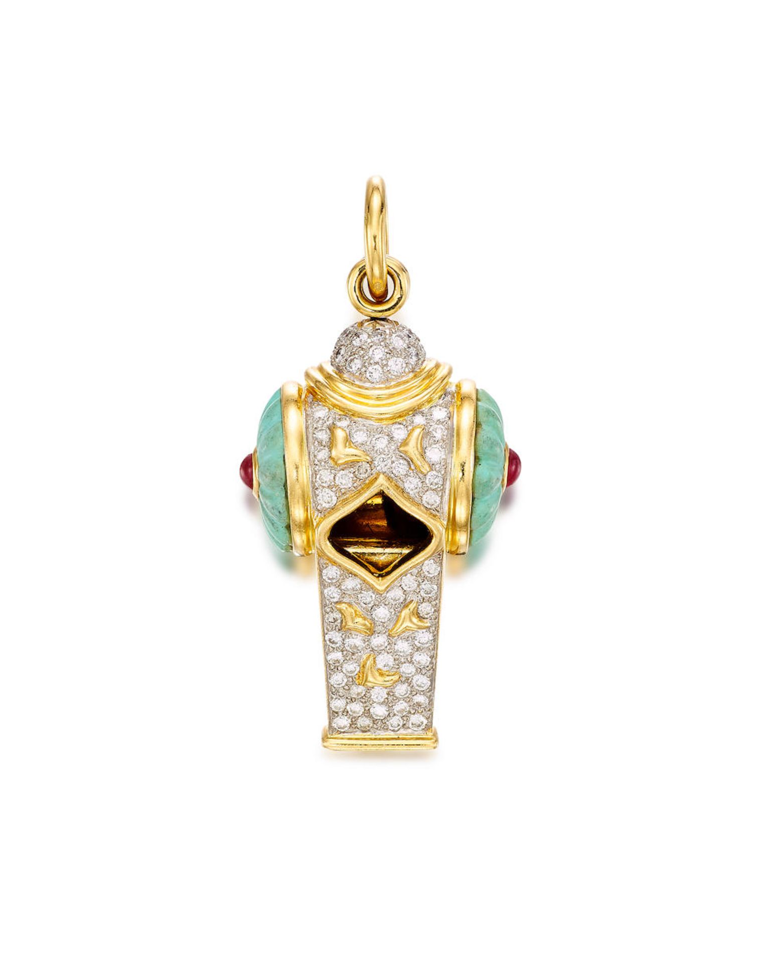 TURQUOISE, RUBY AND DIAMOND 'WHISTLE' PENDANT