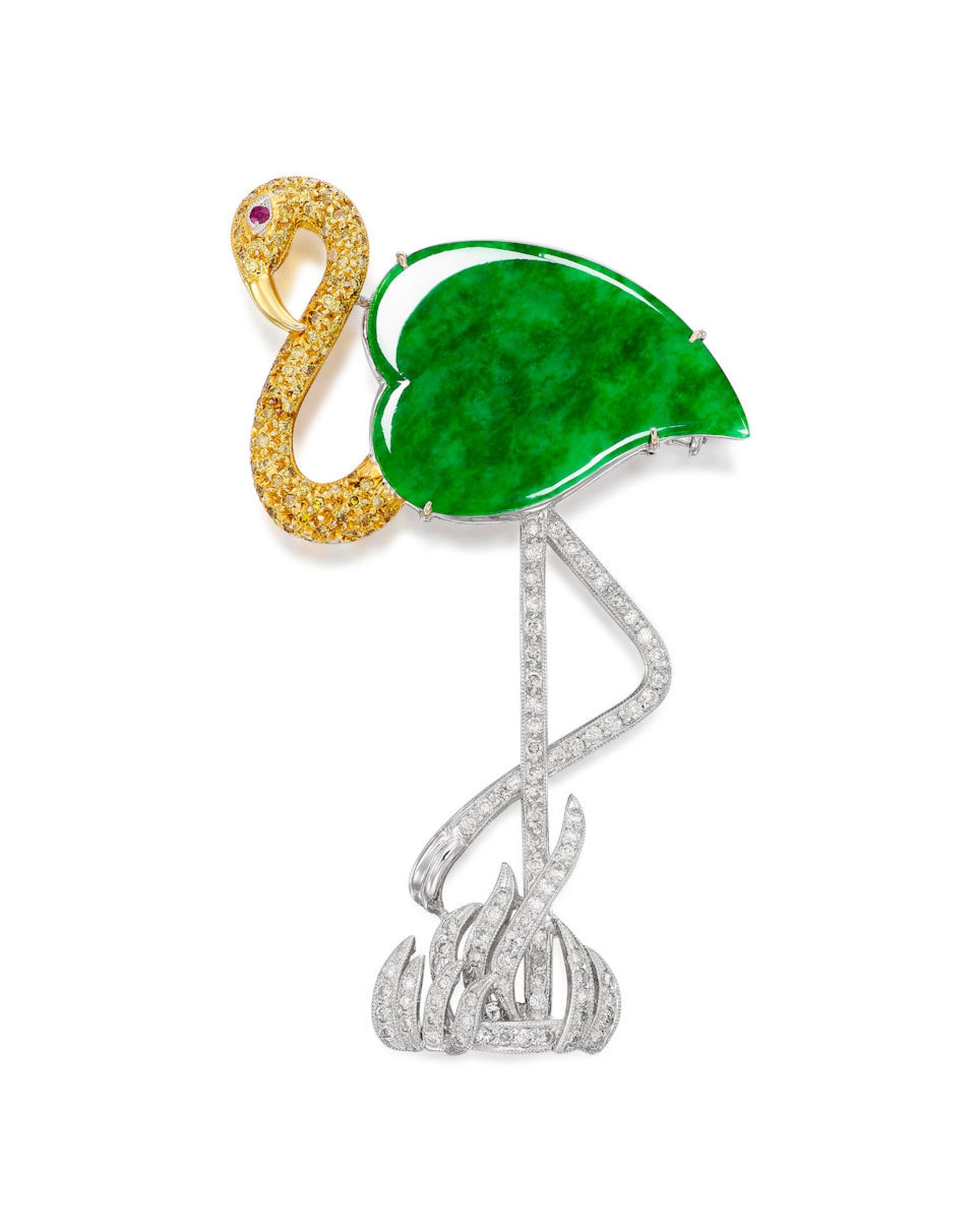 JADEITE, GEM-SET, COLOURED DIAMOND AND DIAMOND 'FLAMINGO' BROOCH