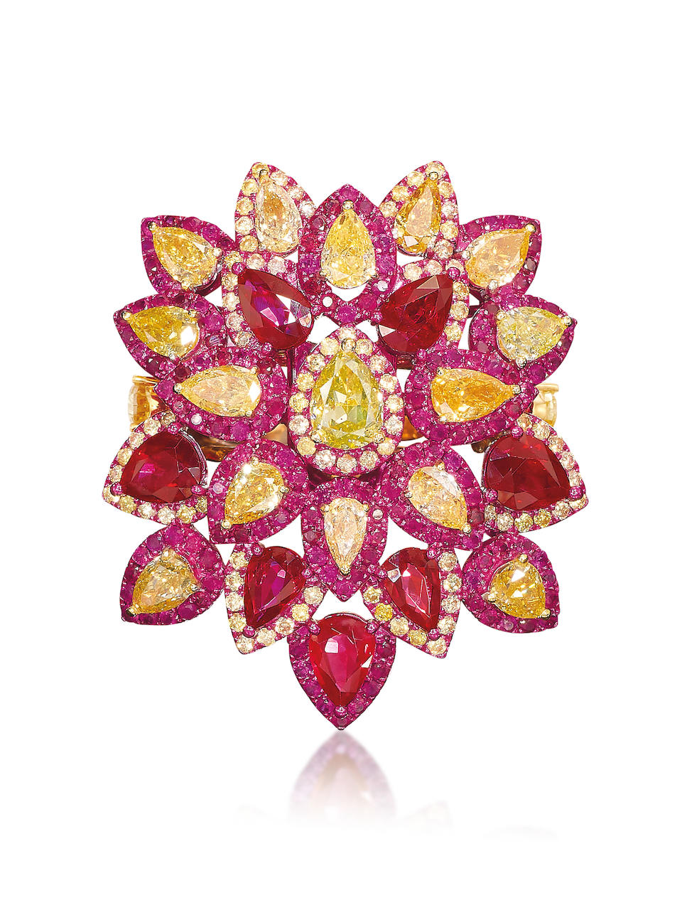 AUSTY LEE: RUBY AND COLOURED DIAMOND RING/ PENDANT