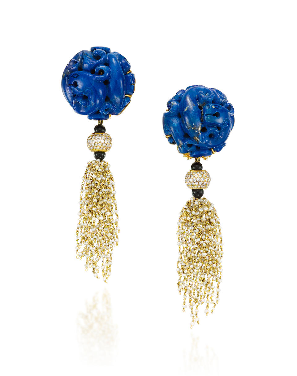PAIR OF LAPIS LAZULI 'DRAGON', SEED PEARL AND DIAMOND PENDENT EARRINGS