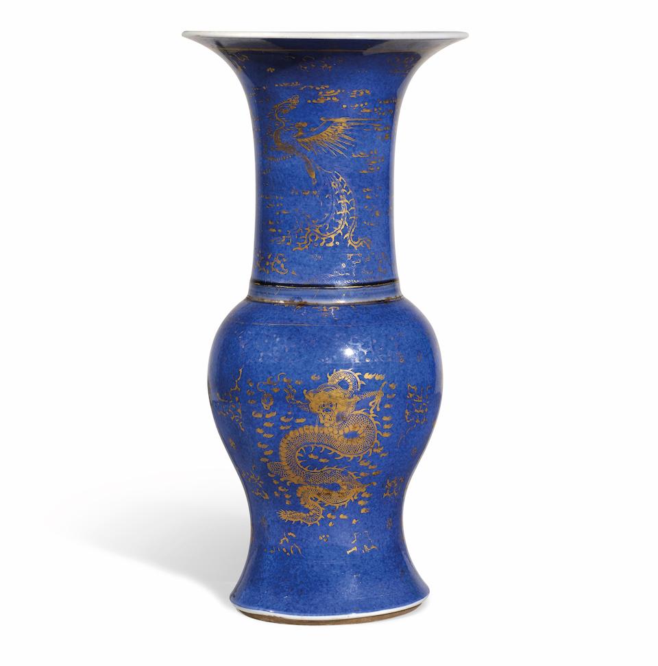 A POWDER-BLUE-GROUND GILT-DECORATED 'DRAGON AND PHOENIX' YENYEN VASE Kangxi