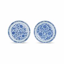 A PAIR OF BLUE AND WHITE 'LOTUS' DISHES Kangxi six-character marks and of the period (2)