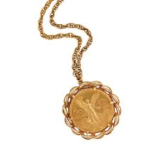 A GOLD AND GOLD COIN PENDANT NECKLACE