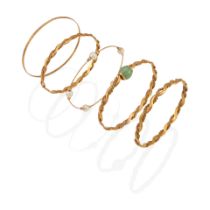 FIVE 14K GOLD AND GEMSTONE BANGLE BRACELETS