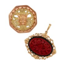 TWO BI-COLOR GOLD PENDANT BROOCH, AND GOLD, COPPER, AND CINNABAR ENHANCER PENDANT