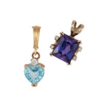 TWO 14K GOLD AND 13K WHITE GOLD, TOPAZ, SYNTHETIC SAPPHIRE, AND DIAMOND PENDANTS