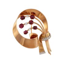 A RETRO 14K BI-COLOR GOLD, RUBY, AND DIAMOND BROOCH