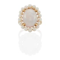 A 14K GOLD, MOONSTONE AND CULTURED PEARL RING