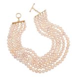 A 14K GOLD AND CULTURED PEARL GRADUATED FIVE STRAND NECKLACE