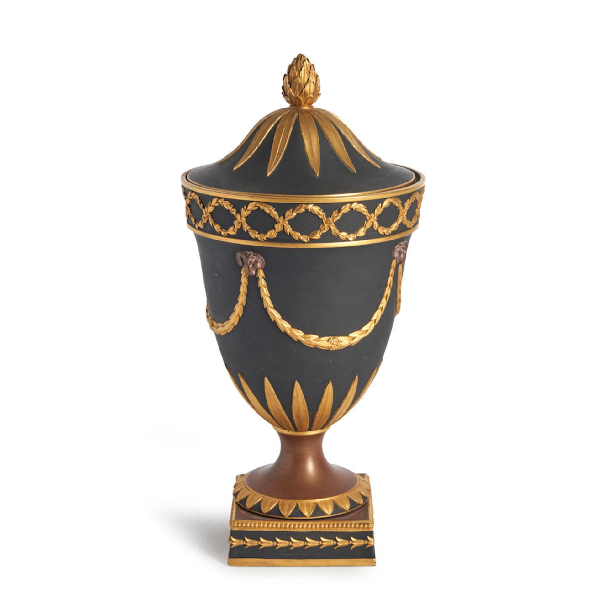 Wedgwood Bronze and Gilt Black Basalt Vase and Cover, England, late 19th century,