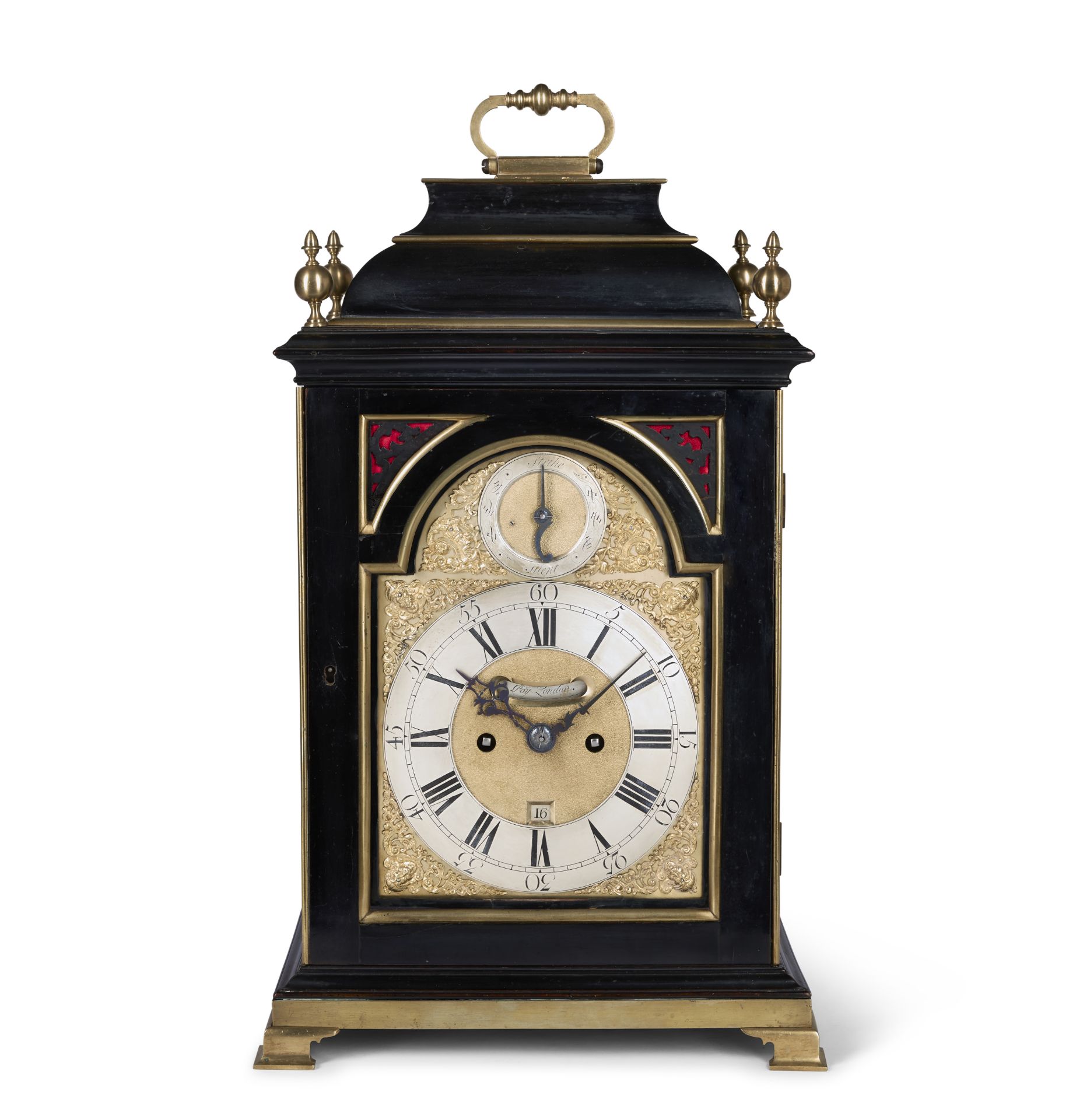 A good mid 18th century brass-bound ebonised quarter repeating table clock Godfrie Poy, London