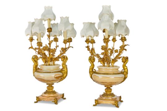 A pair of late 19th/early 20th century French gilt bronze and veined beige onyx seven light can... - Image 5 of 8