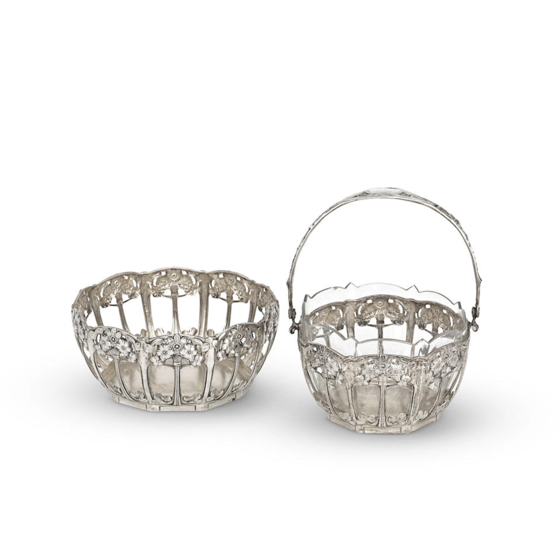 A German Art Nouveau / Jugendstil silver swing-handled silver basket and matching bowl possibly ...