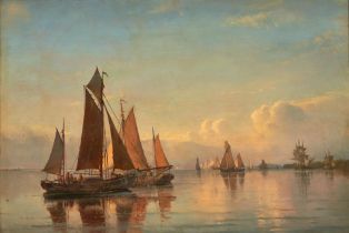 CARL FREDERIK SØRENSEN (Danish, 1818-1879) Sailboats in the Harbor on a Still Morning (fram...