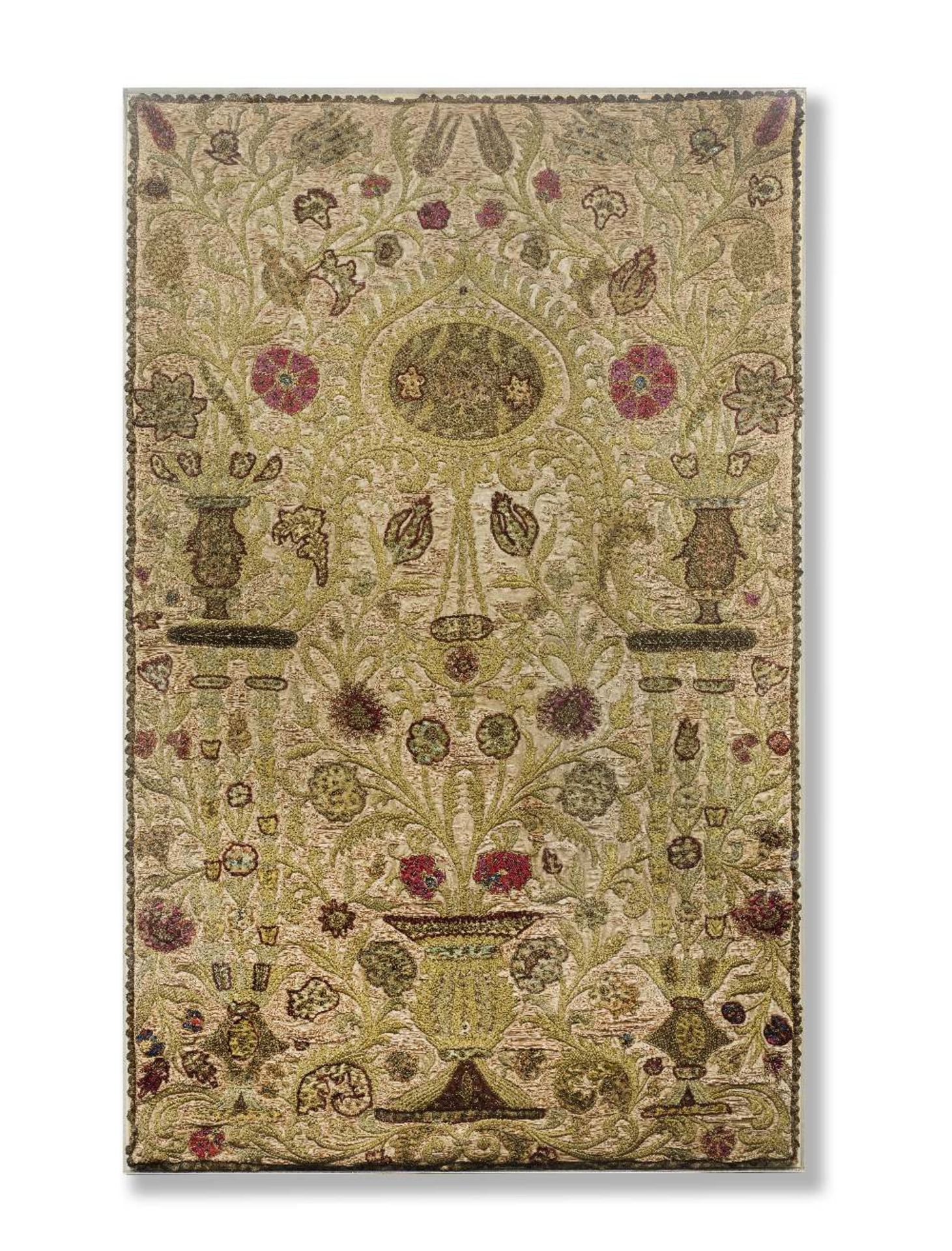 An Ottoman silk and metal-thread embroidered mihrab panel Turkey, 19th Century