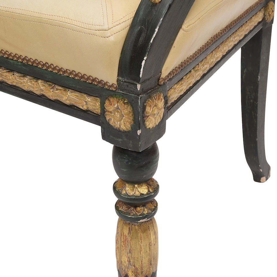 A PAIR OF NEOCLASSICAL STYLE PARCEL GILT AND PAINTED WOOD FAUTEUILS - Image 2 of 3