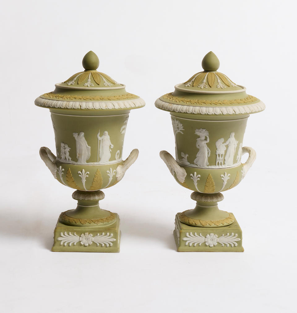 A Pair of Wedgwood Jasperware urns with covers 23.0cm high