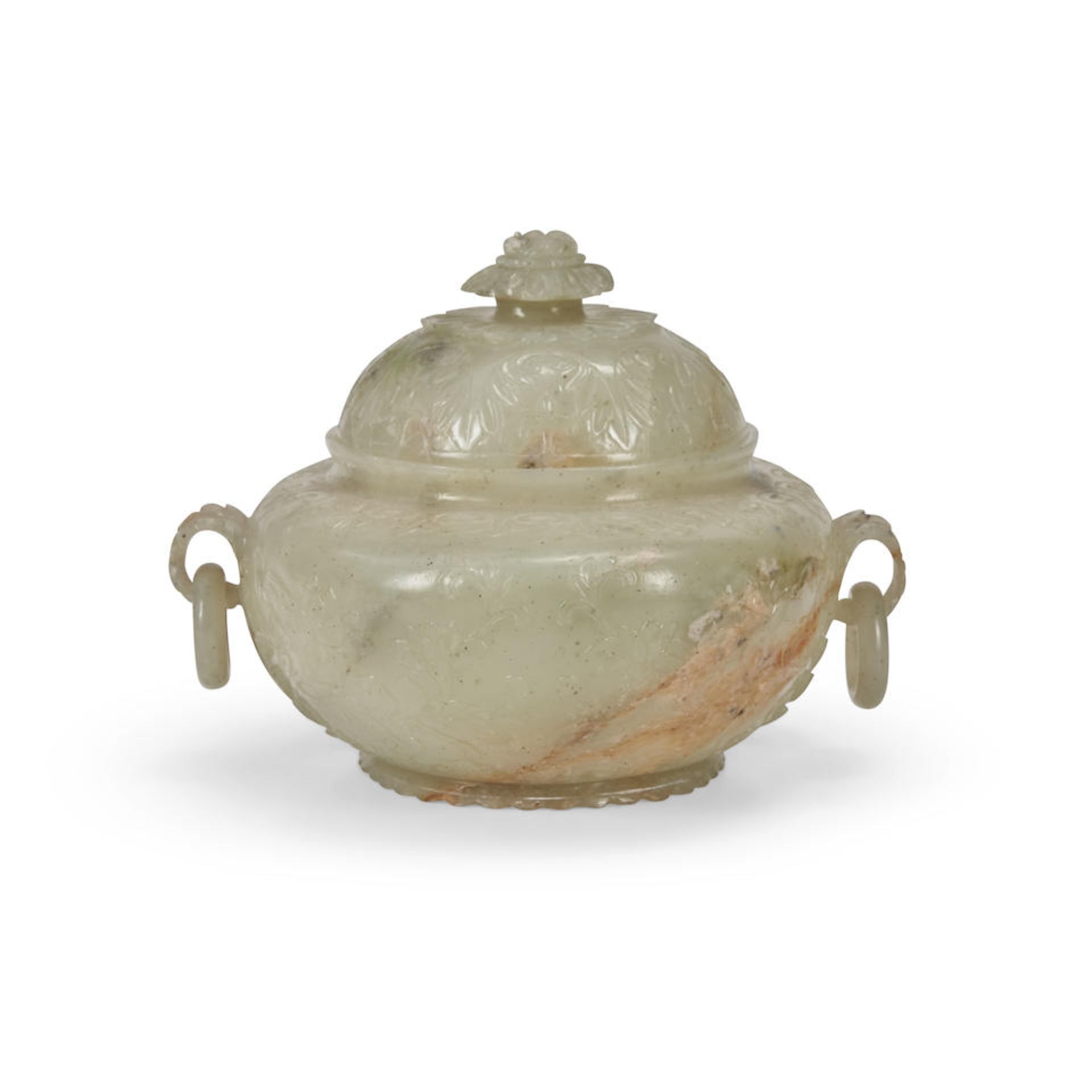 A MUGHAL-STYLE OVOID COVERED BOWL WITH FLORAL FINIAL AND RING HANDLES 20th century