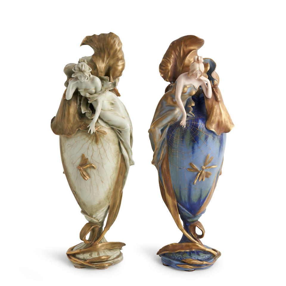 TWO AMPHORA POTTERY ART NOUVEAU VASES, Turn-Teplitz, Czech Republic, early 20th century, porcela...