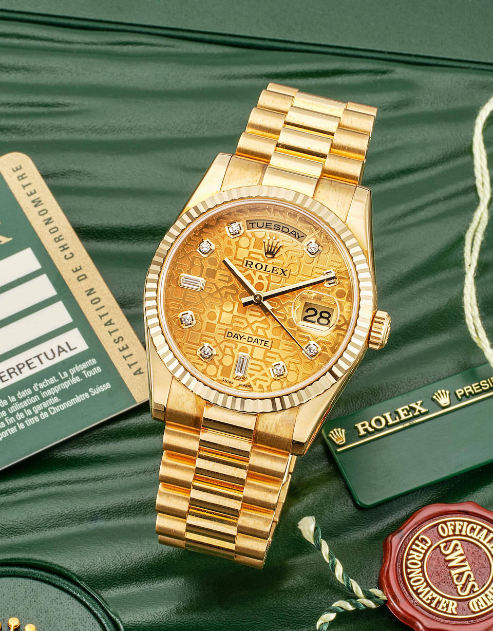 ROLEX | DAY DATE, REF.118238, A YELLOW GOLD BRACELET WATCH WITH JUBILEE DIAL, DIAMOND-SET INDEXE...