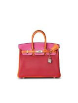 HERMÈS: SPECIAL ORDER (HSS) ROUGE CASAQUE, FUCHSIA AND ORANGE CHEVRE BIRKIN 25 WITH PALLADI...