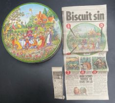 An antique Huntley & Palmer's biscuit tin with original news paper article named biscuit sin rude