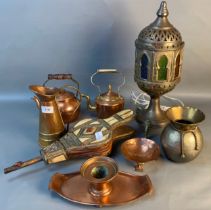 A selection of copper and brass ware; Moroccan brass table lamp