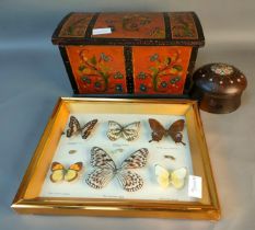 Two vintage eastern Themed boxes together with framed butterfly display