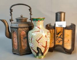 Antique Octagonal Chinese Metal Teapot, perfume bottle with Reverse Hand Painted Scenic Glass Panels