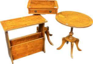 Three pieces of yew furniture; Pedestal table, magazine rack and side table.