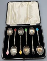 Boxed set of six Birmingham silver and enamel coffee spoons. Produced by William Hair Haseler.