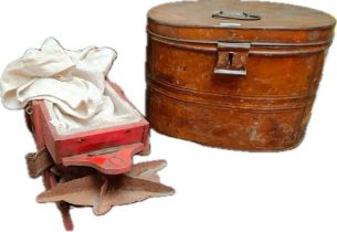 An antique seeder tool & Victorian hat box