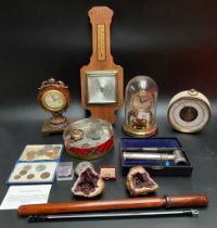 A selection of collectables clocks, barometer, vintage medical instruments & collection of coins &