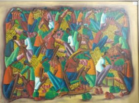 Large oil on canvas depicting African group figure scene, signed Oswald and dated 75. Comes with a