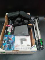 A box of various cameras & binoculars